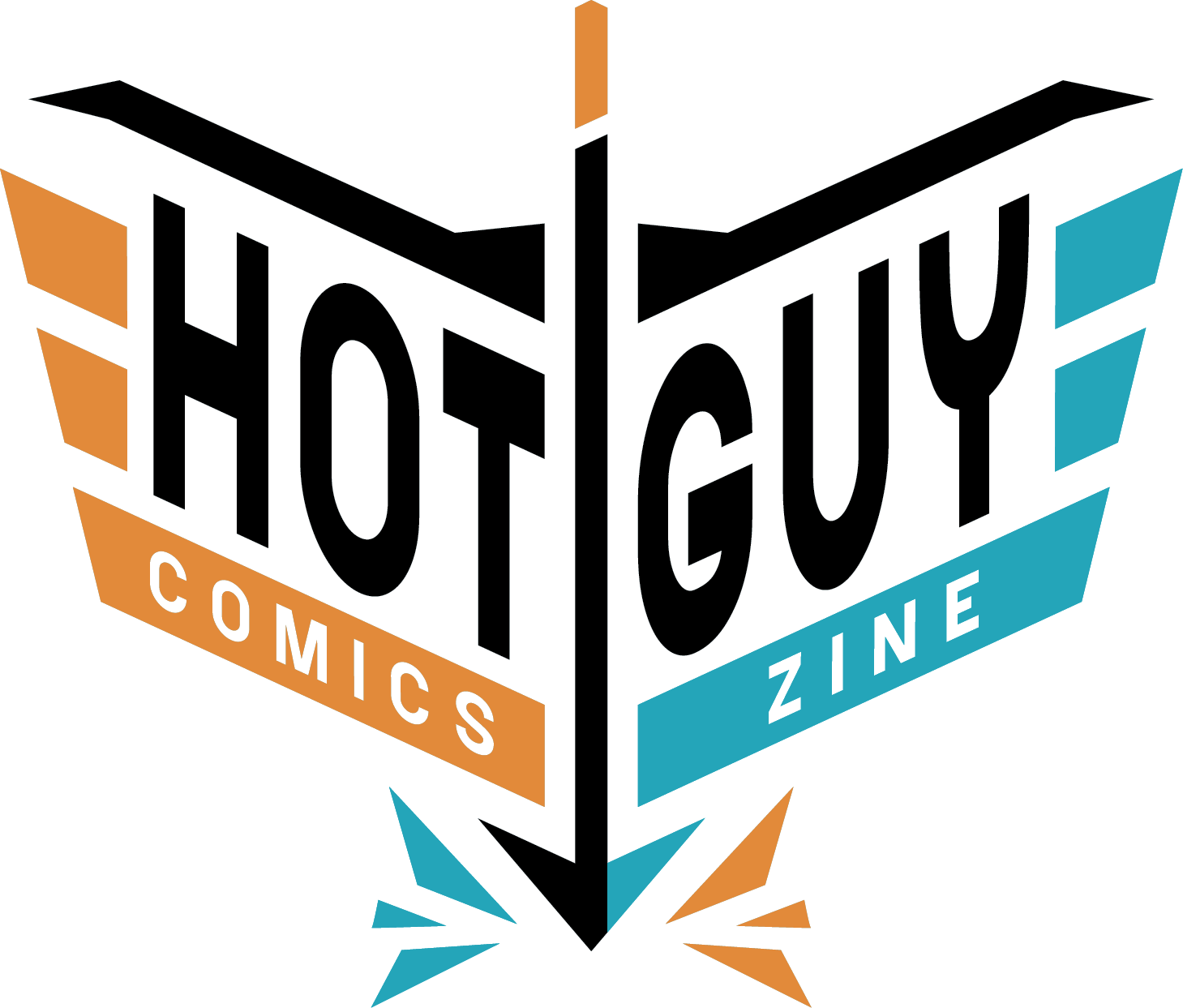 Logo that reads Hotguy Comics Zine in the shape of a bow and arrow.
